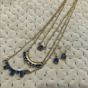 Sapphire Blue Crystal Triple Layered Necklace with Earrings Set-Boutique